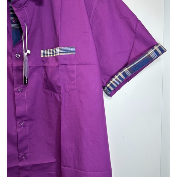 Coofandy Shirt Men’s Sz XXL Purple w/Plaid Trim Button Up Cotton Blend Short SL - Picture 3 of 11